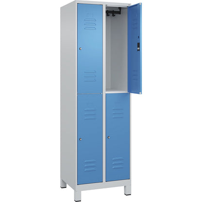 Classic PLUS double deck clothes locker, 2 compartments, light grey/light blue, HxW 1950 x 600 mm, with feet, cylinder lock.
