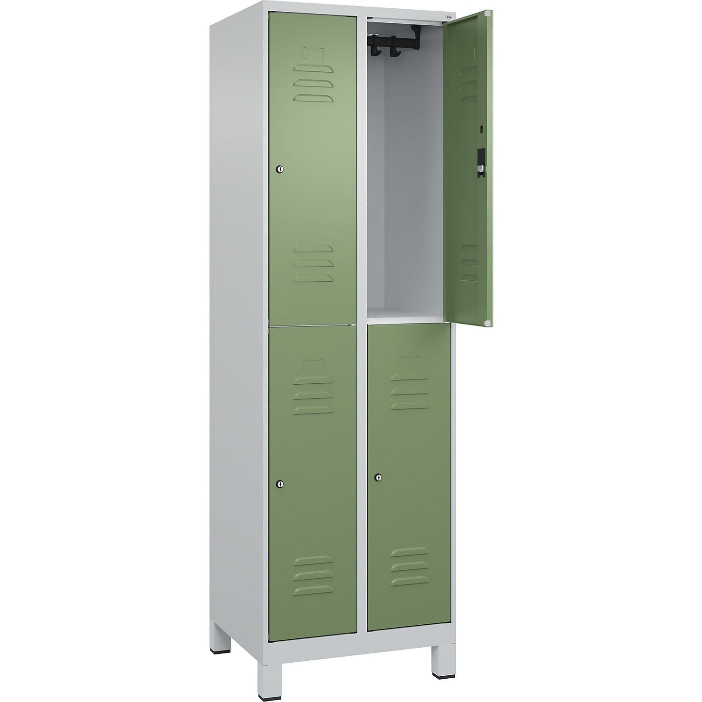 Classic PLUS double deck clothes locker, 2 compartments, light grey/reseda green, HxW 1950 x 600 mm, with feet, cylinder lock.