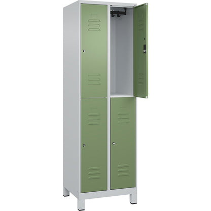 Classic PLUS double deck clothes locker, 2 compartments, light grey/reseda green, HxW 1950 x 600 mm, with feet, cylinder lock.