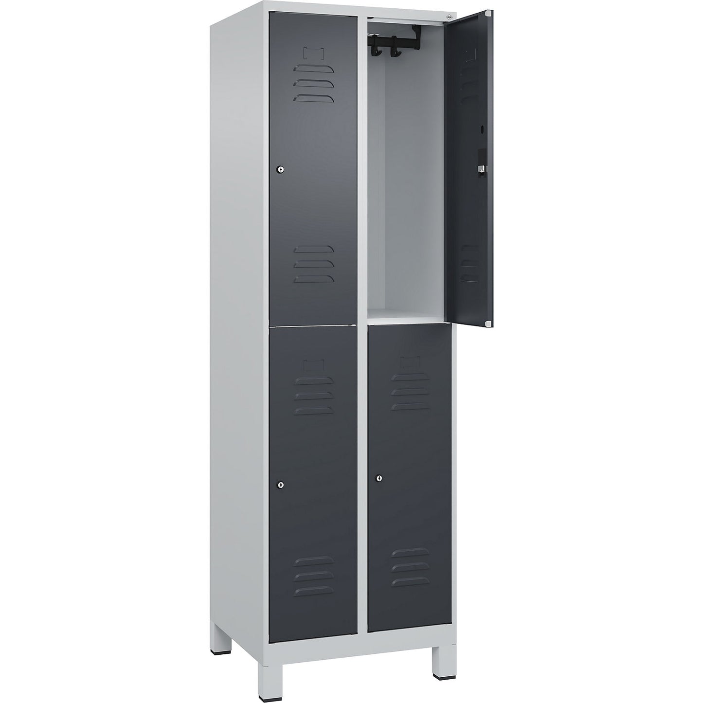 Classic PLUS double deck clothes locker, 2 compartments, light grey/grey, HxW 1950 x 600 mm, with feet, cylinder lock.