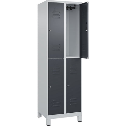 Classic PLUS double deck clothes locker, 2 compartments, light grey/grey, HxW 1950 x 600 mm, with feet, cylinder lock.