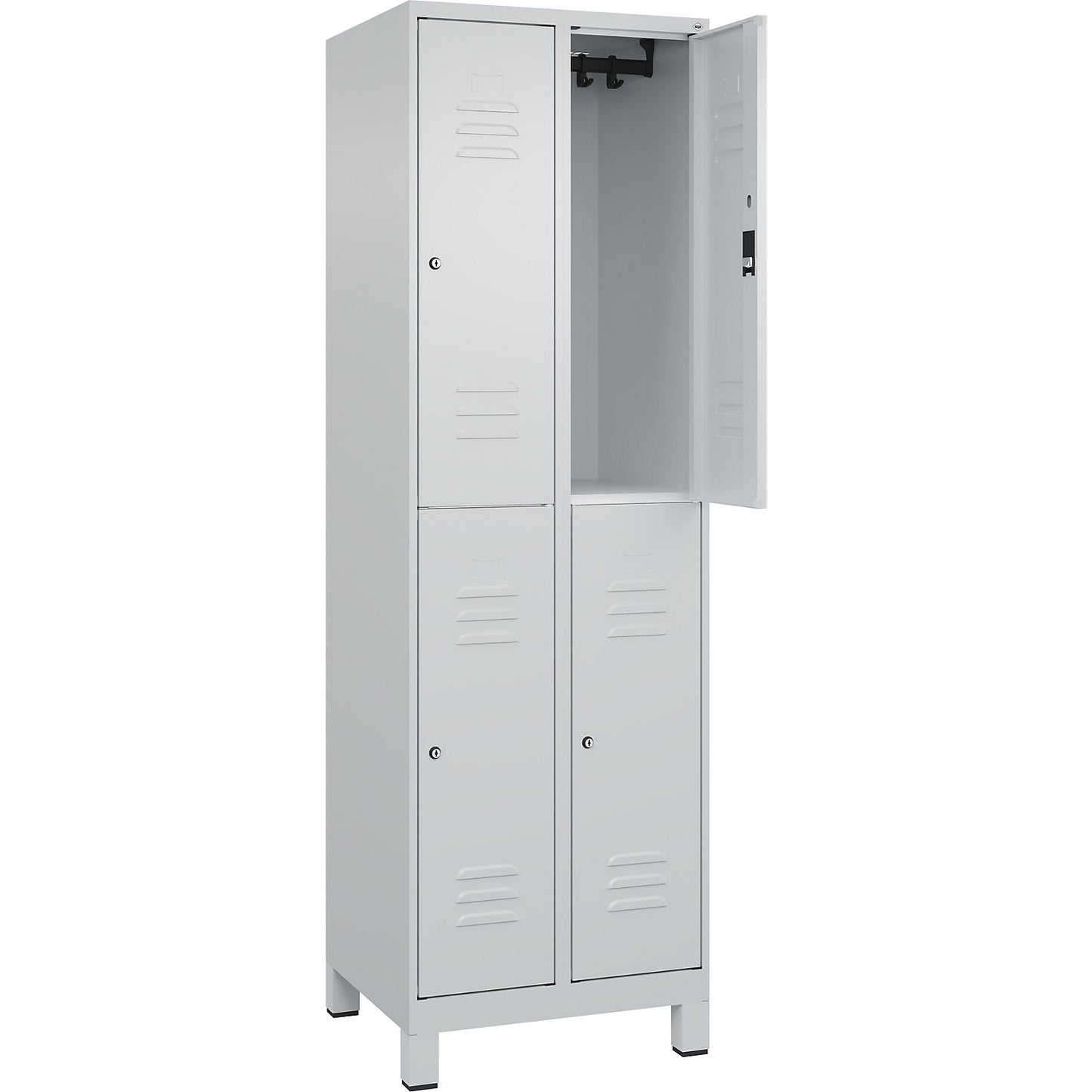 Classic PLUS double deck clothes locker, 2 compartments, light grey, HxW 1950 x 600 mm, with feet, cylinder lock.