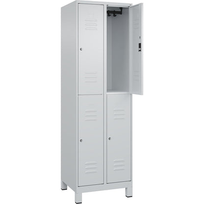 Classic PLUS double deck clothes locker, 2 compartments, light grey, HxW 1950 x 600 mm, with feet, cylinder lock.
