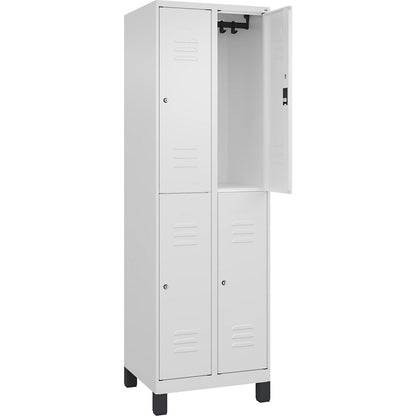 Classic PLUS double deck clothes locker, 2 compartments, traffic white, HxW 1950 x 600 mm, with feet, cylinder lock.