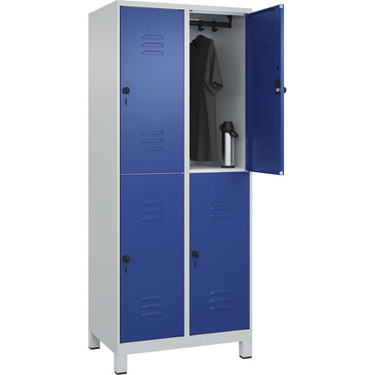 Classic PLUS double deck clothes locker, 2 compartments, light grey/gentian blue, HxW 1950 x 800 mm, with feet, rotary bolt.