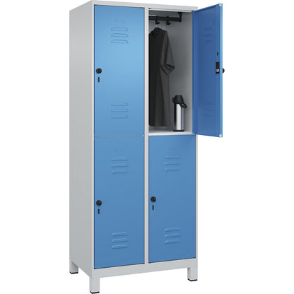 Classic PLUS double deck clothes locker, 2 compartments, light grey/light blue, HxW 1950 x 800 mm, with feet, rotary bolt.