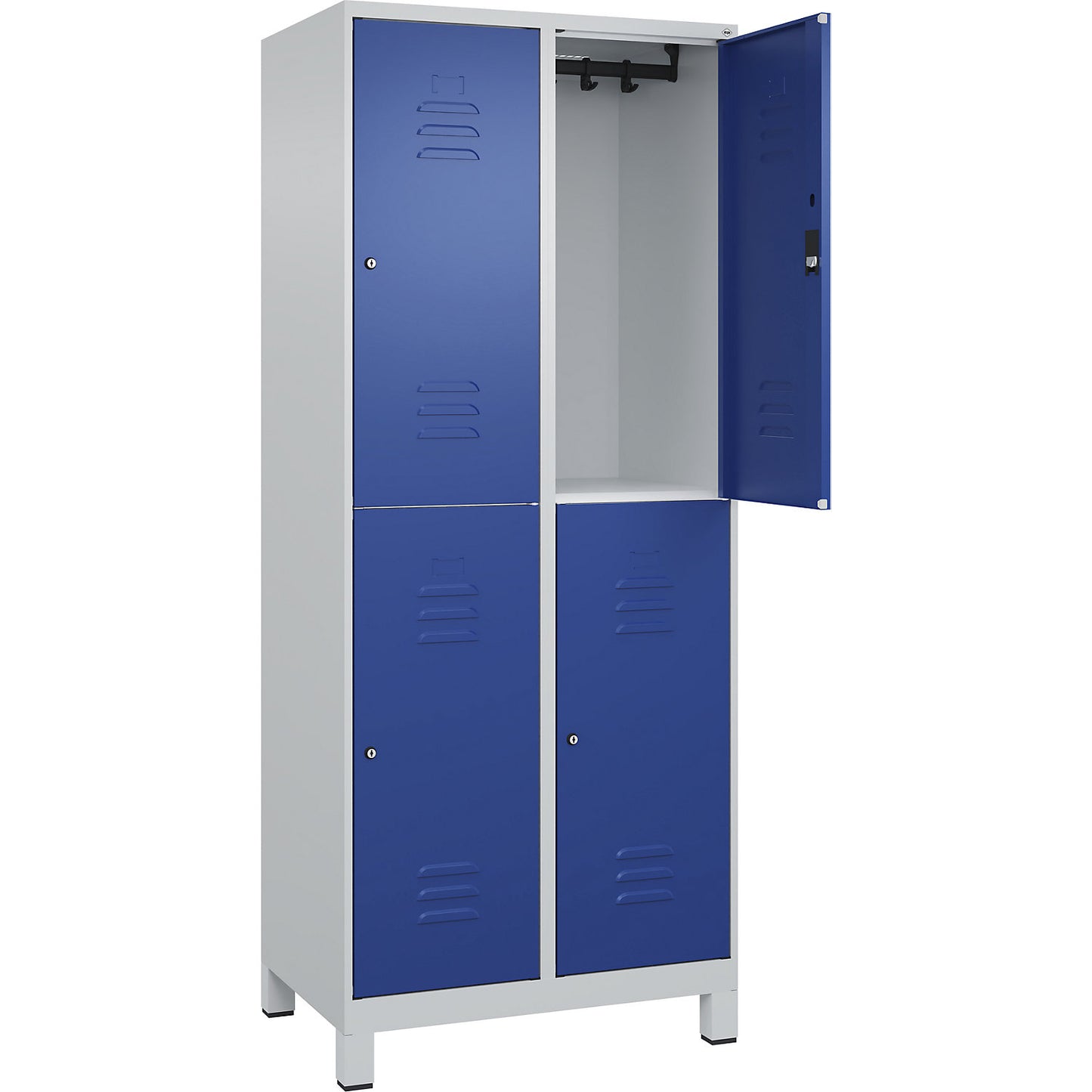 Classic PLUS double deck clothes locker, 2 compartments, light grey/gentian blue, HxW 1950 x 800 mm, with feet, cylinder lock.