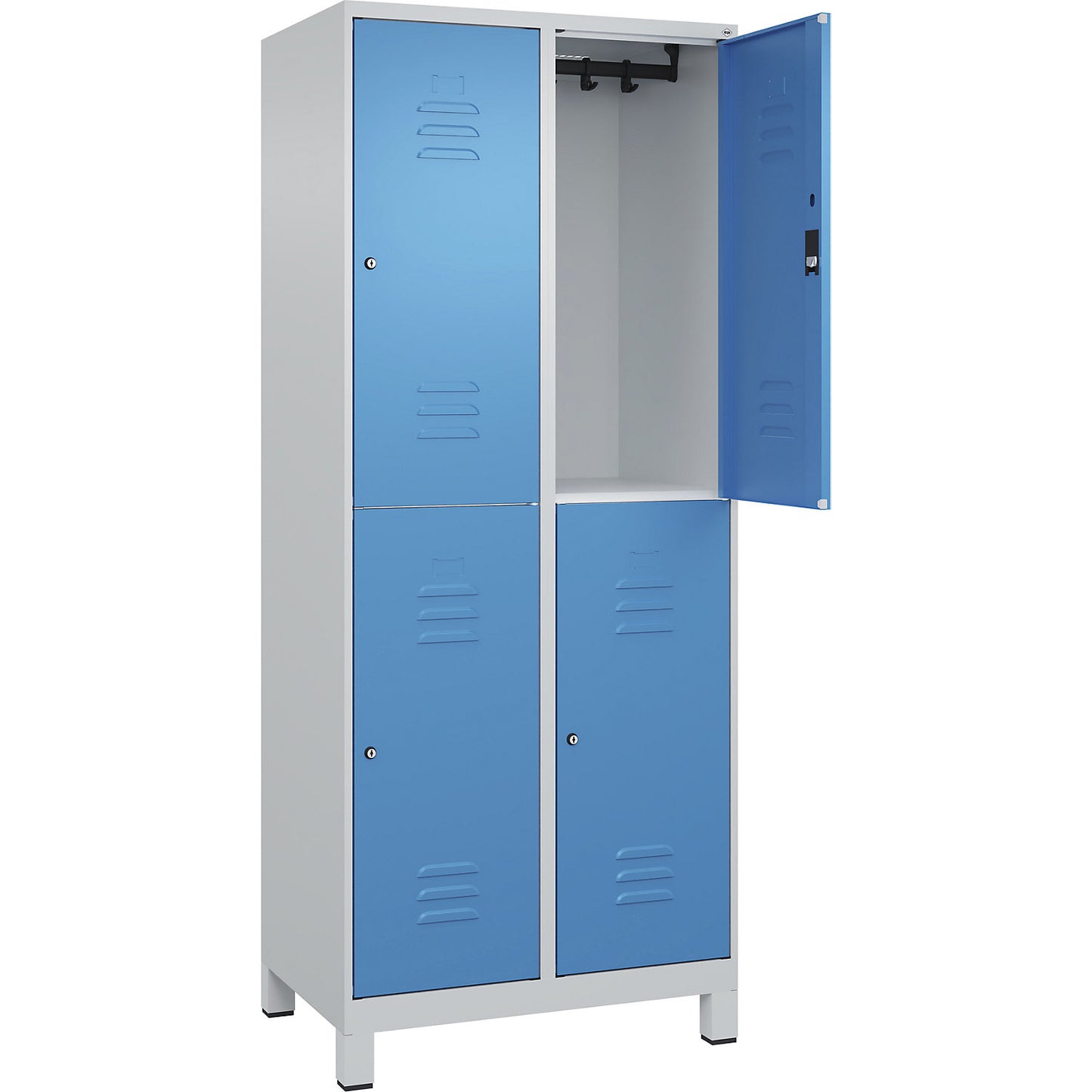 Classic PLUS double deck clothes locker, 2 compartments, light grey/light blue, HxW 1950 x 800 mm, with feet, cylinder lock.