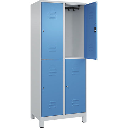 Classic PLUS double deck clothes locker, 2 compartments, light grey/light blue, HxW 1950 x 800 mm, with feet, cylinder lock.