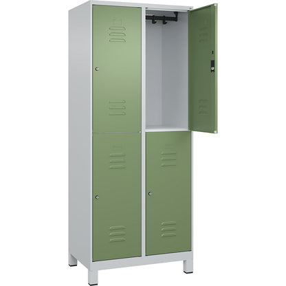 Classic PLUS double deck clothes locker, 2 compartments, light grey/reseda green, HxW 1950 x 800 mm, with feet, cylinder lock.