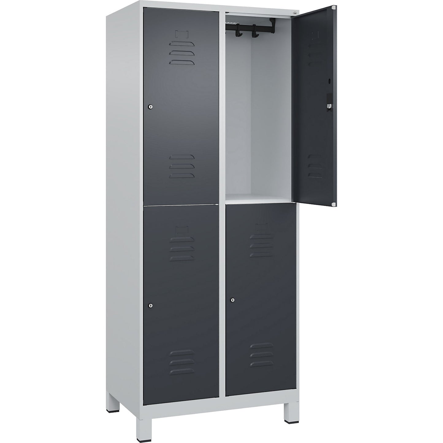 Classic PLUS double deck clothes locker, 2 compartments, light grey/grey, HxW 1950 x 800 mm, with feet, cylinder lock.