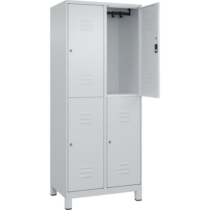 Classic PLUS double deck clothes locker, 2 compartments, light grey, HxW 1950 x 800 mm, with feet, cylinder lock.