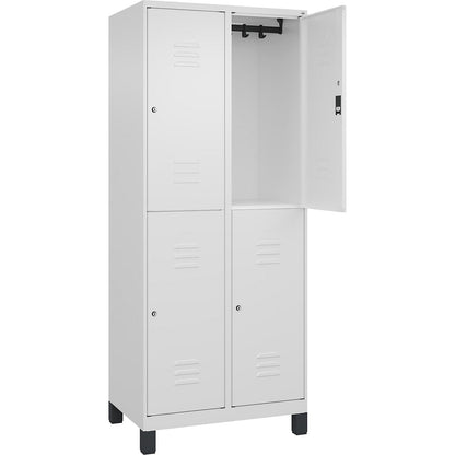 Classic PLUS double deck clothes locker, 2 compartments, traffic white, HxW 1950 x 800 mm, with feet, cylinder lock.