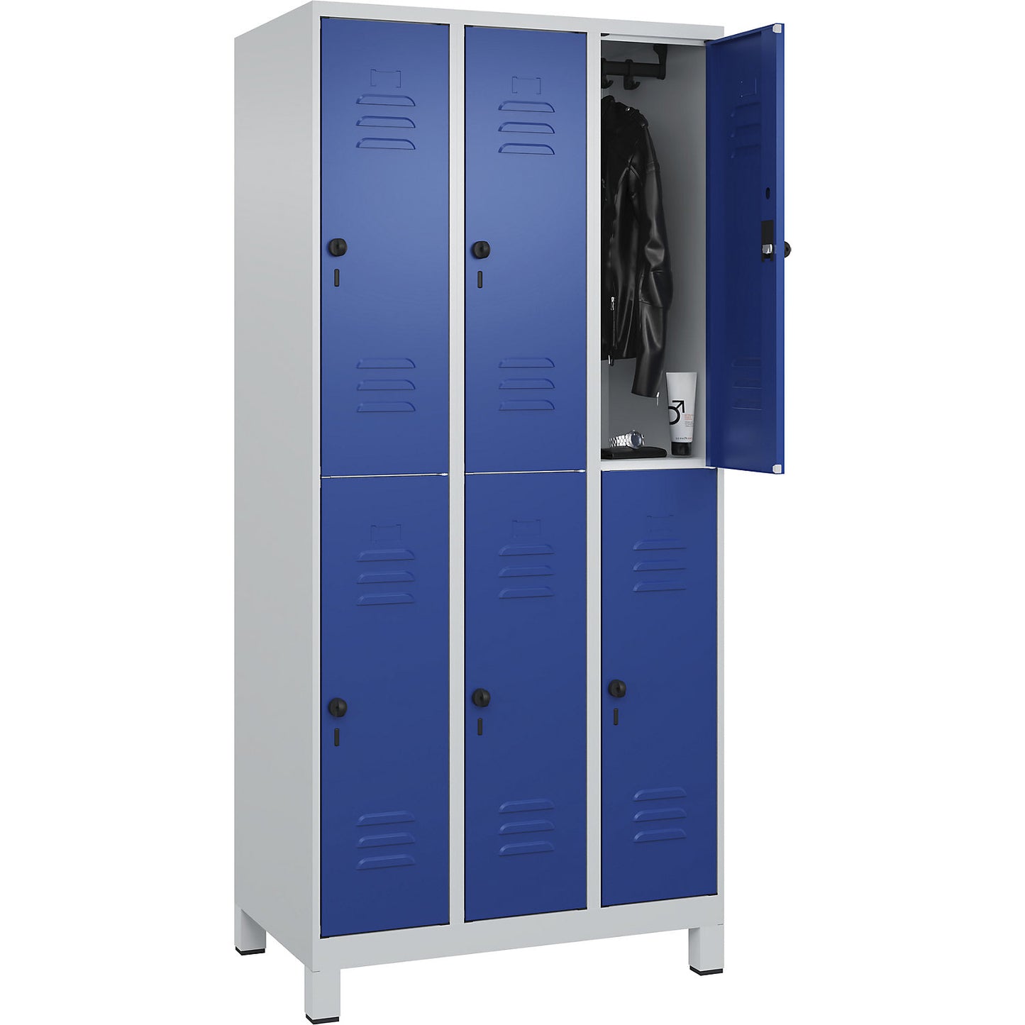 Classic PLUS double deck clothes locker, 3 compartments, light grey/gentian blue, HxW 1950 x 900 mm, with feet, rotary bolt.