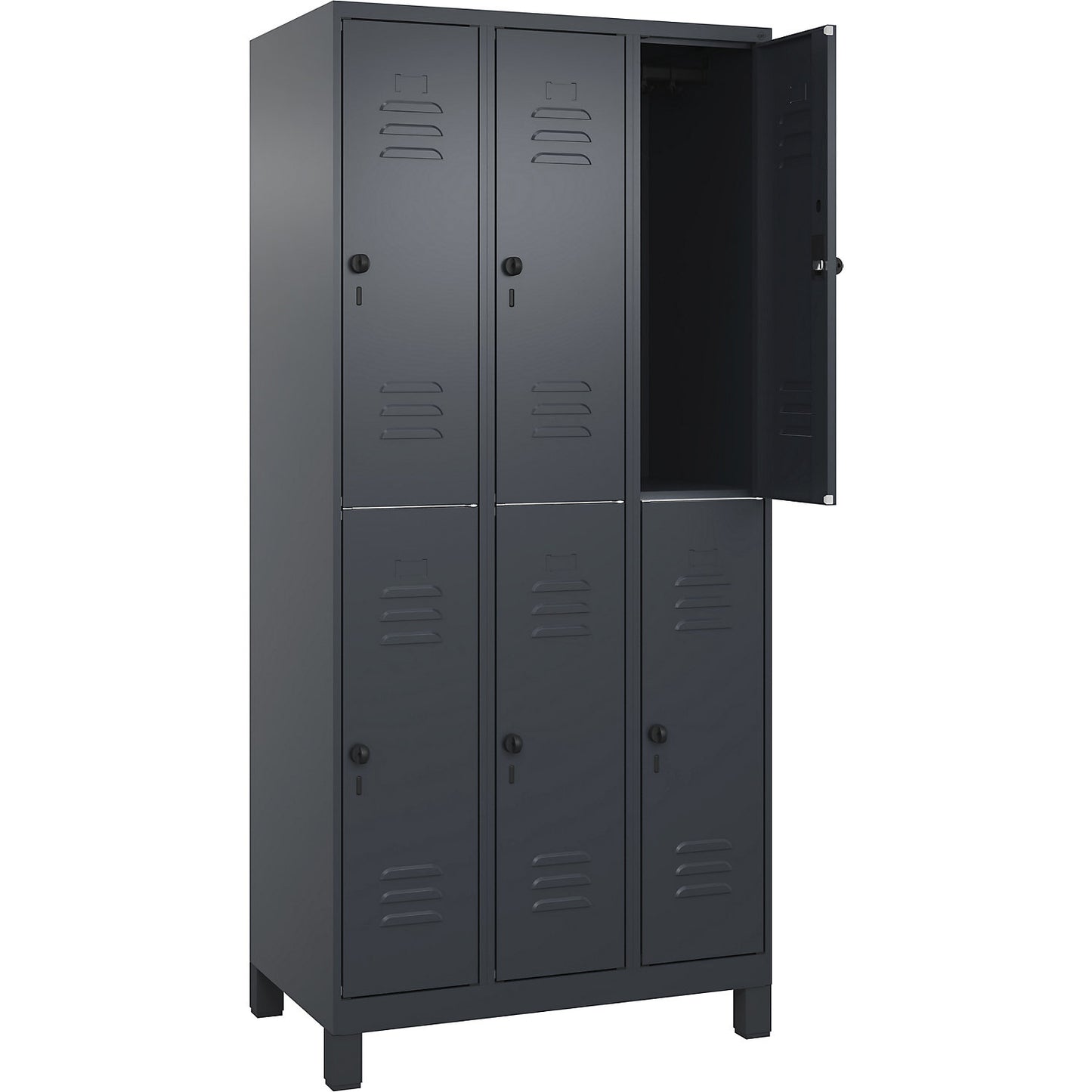 Classic PLUS double deck clothes locker, 3 compartments, grey, HxW 1950 x 900 mm, with feet, rotary bolt.