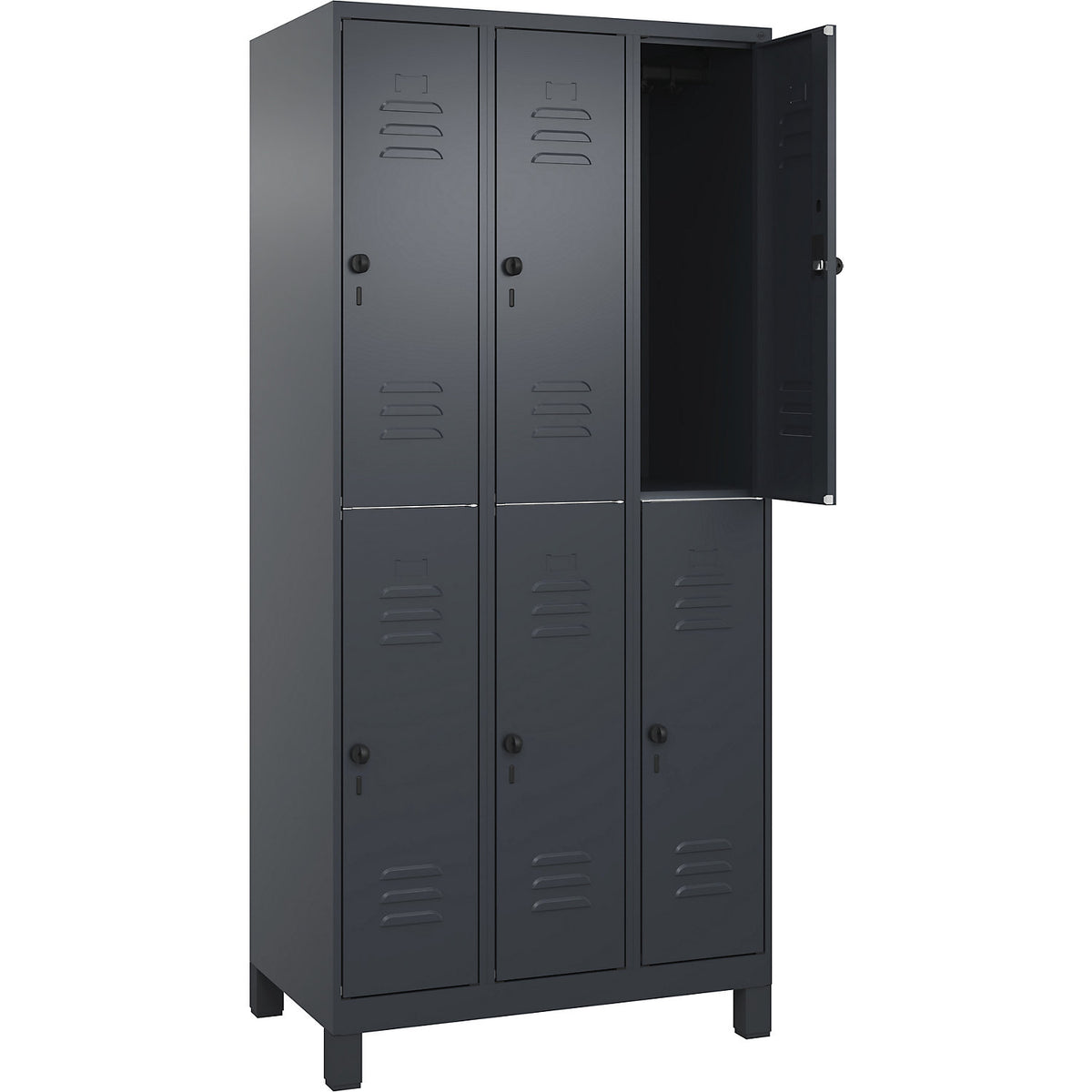 Classic PLUS double deck clothes locker, 3 compartments, grey, HxW 1950 x 900 mm, with feet, rotary bolt.