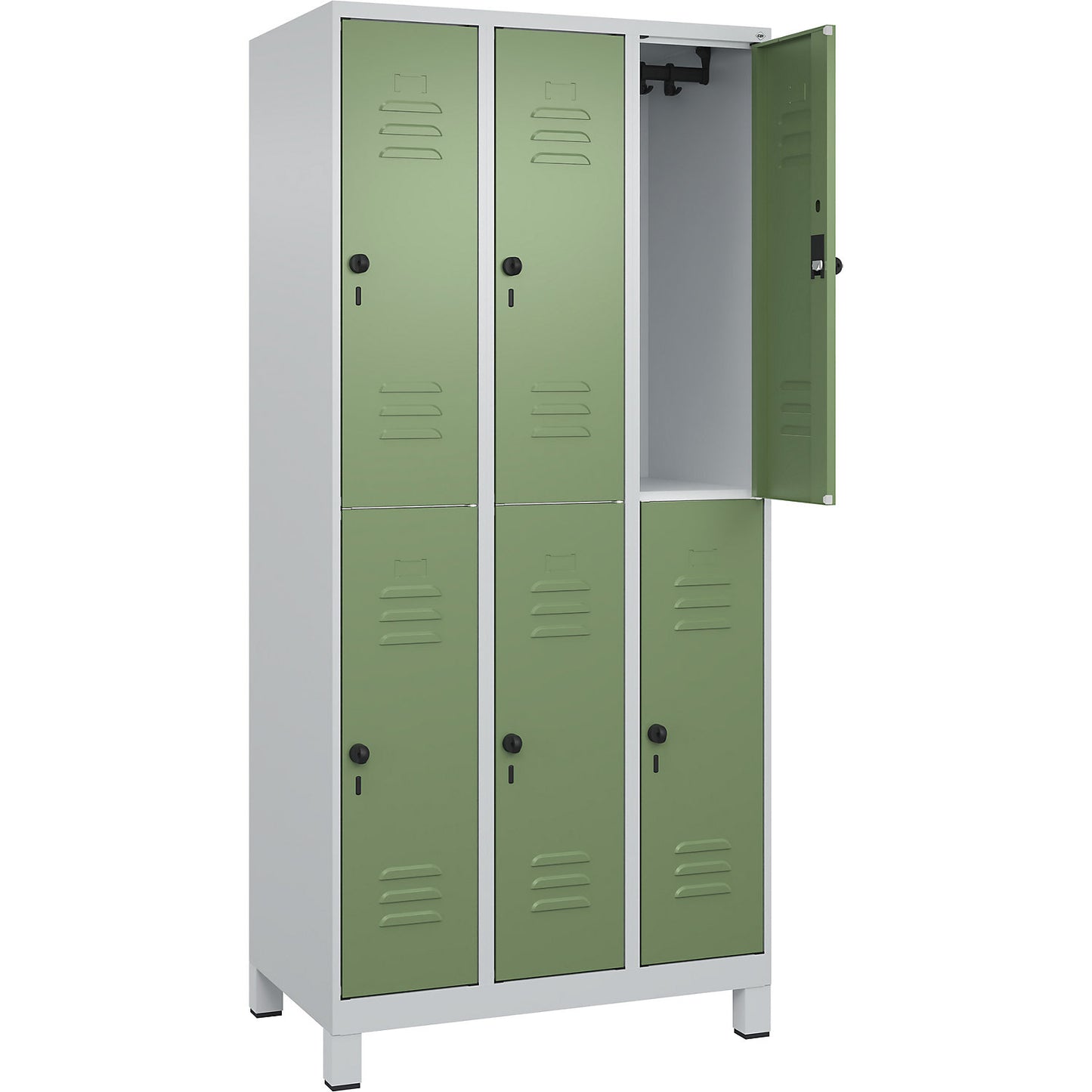 Classic PLUS double deck clothes locker, 3 compartments, light grey/reseda green, HxW 1950 x 900 mm, with feet, rotary bolt.