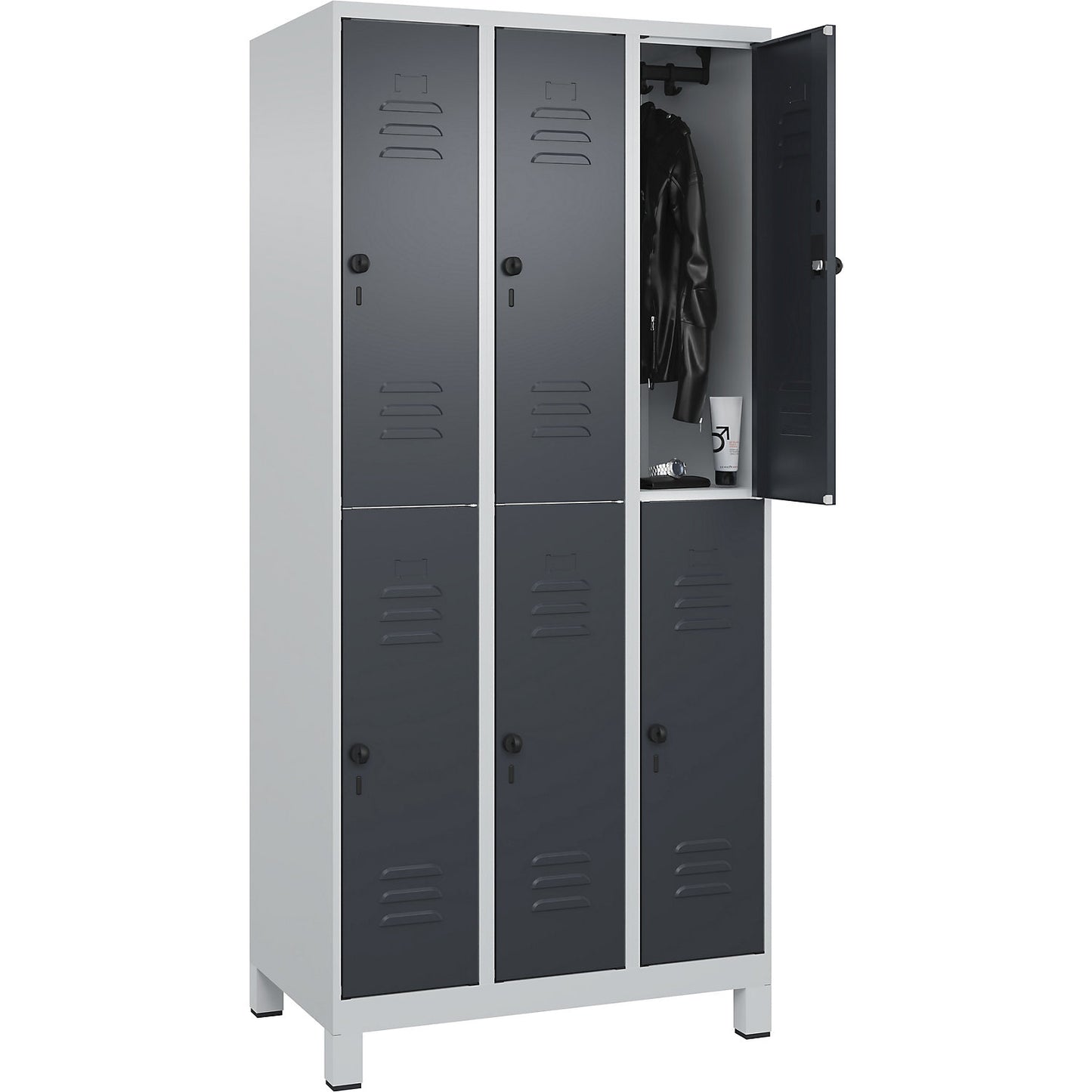 Classic PLUS double deck clothes locker, 3 compartments, light grey/grey, HxW 1950 x 900 mm, with feet, rotary bolt.