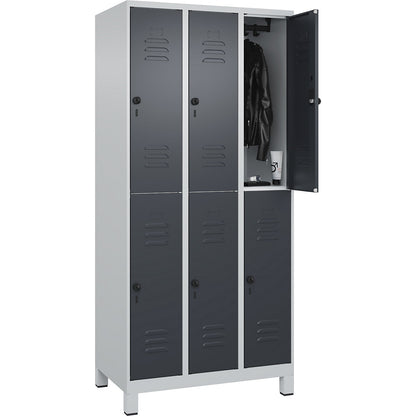 Classic PLUS double deck clothes locker, 3 compartments, light grey/grey, HxW 1950 x 900 mm, with feet, rotary bolt.