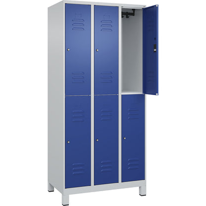 Classic PLUS double deck clothes locker, 3 compartments, light grey/gentian blue, HxW 1950 x 900 mm, with feet, cylinder lock.