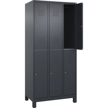 Classic PLUS double deck clothes locker, 3 compartments, grey, HxW 1950 x 900 mm, with feet, cylinder lock.