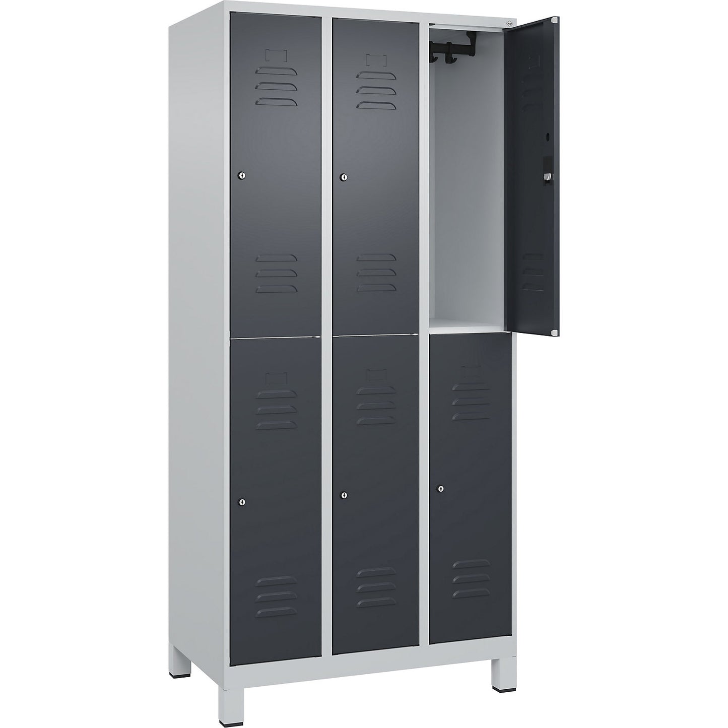 Classic PLUS double deck clothes locker, 3 compartments, light grey/grey, HxW 1950 x 900 mm, with feet, cylinder lock.