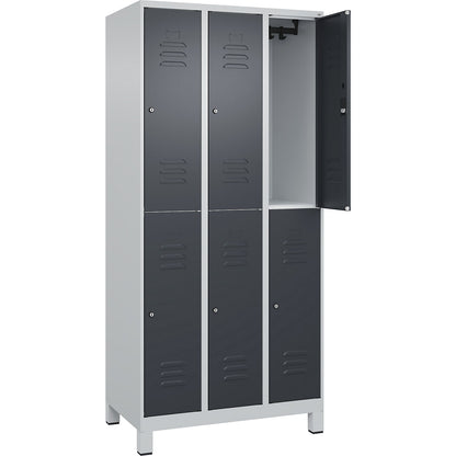 Classic PLUS double deck clothes locker, 3 compartments, light grey/grey, HxW 1950 x 900 mm, with feet, cylinder lock.