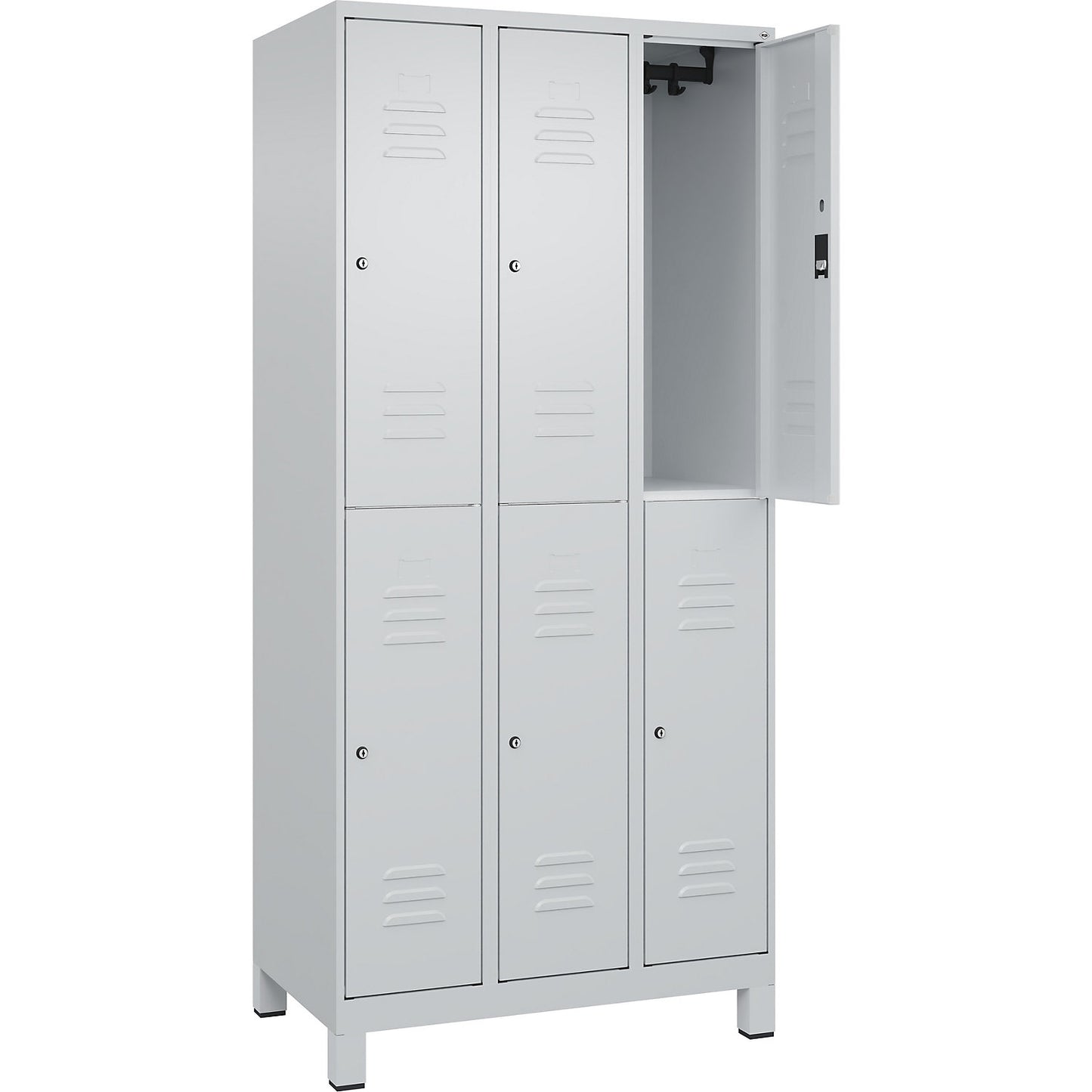 Classic PLUS double deck clothes locker, 3 compartments, light grey, HxW 1950 x 900 mm, with feet, cylinder lock.