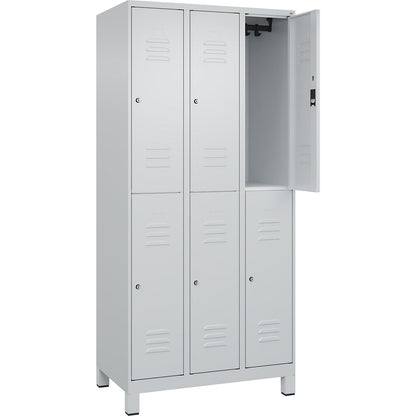 Classic PLUS double deck clothes locker, 3 compartments, light grey, HxW 1950 x 900 mm, with feet, cylinder lock.