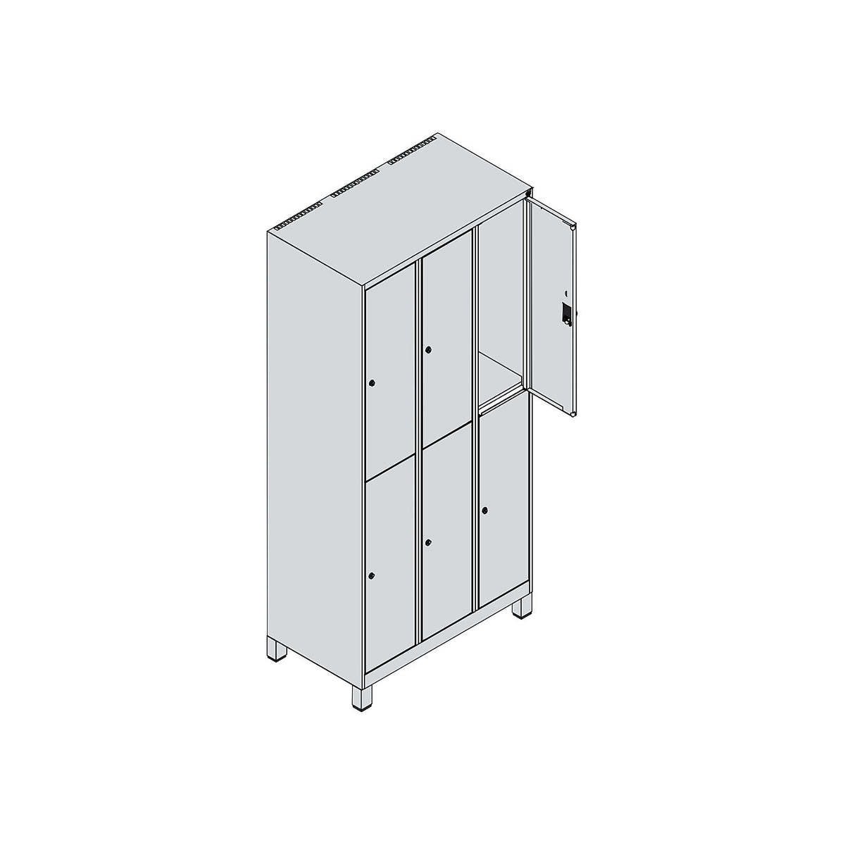 Classic PLUS double deck clothes locker, 3 compartments, grey, HxW 1950 x 900 mm, with feet, rotary bolt.