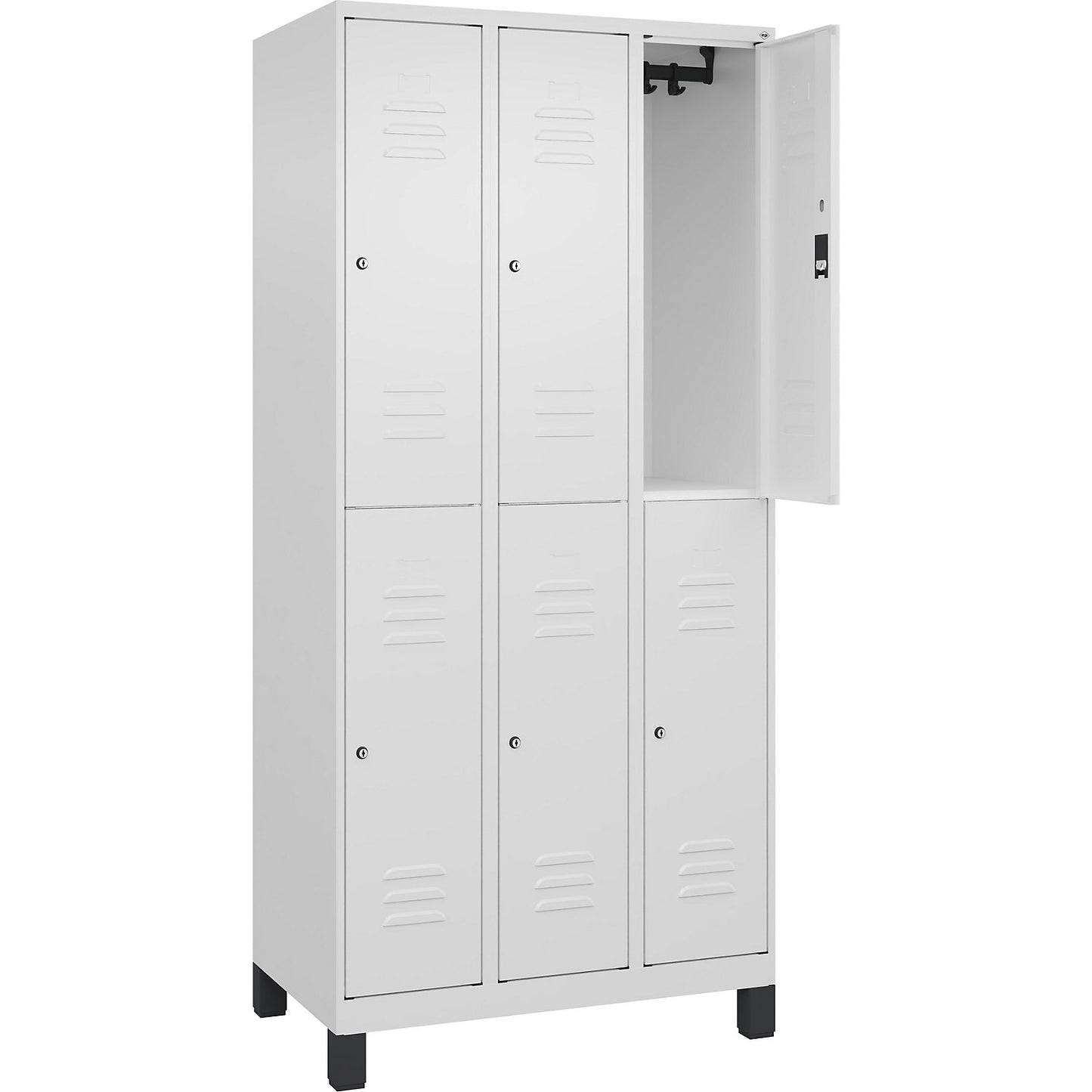 Classic PLUS double deck clothes locker, 3 compartments, traffic white, HxW 1950 x 900 mm, with feet, cylinder lock.