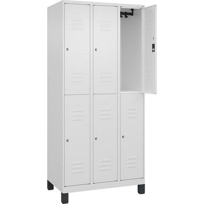 Classic PLUS double deck clothes locker, 3 compartments, traffic white, HxW 1950 x 900 mm, with feet, cylinder lock.