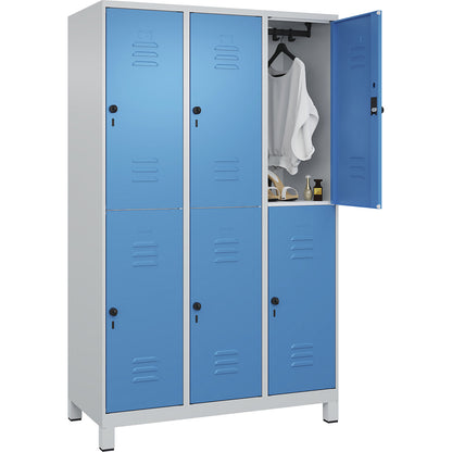 Classic PLUS double deck clothes locker, 3 compartments, light grey/light blue, HxW 1950 x 1200 mm, with feet, rotary bolt.