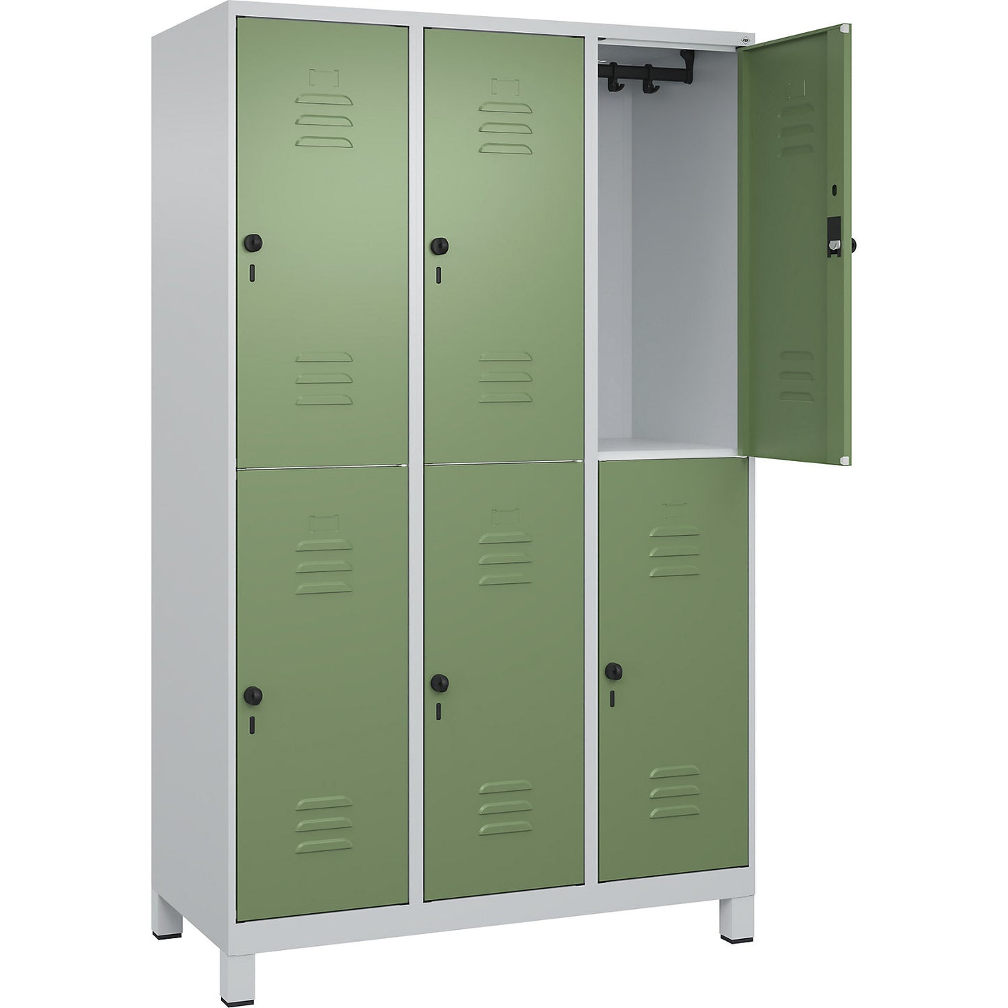 Classic PLUS double deck clothes locker, 3 compartments, light grey/reseda green, HxW 1950 x 1200 mm, with feet, rotary bolt.