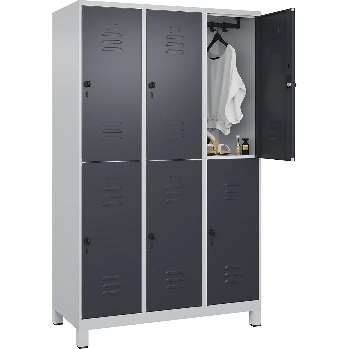 Classic PLUS double deck clothes locker, 3 compartments, light grey/grey, HxW 1950 x 1200 mm, with feet, rotary bolt.