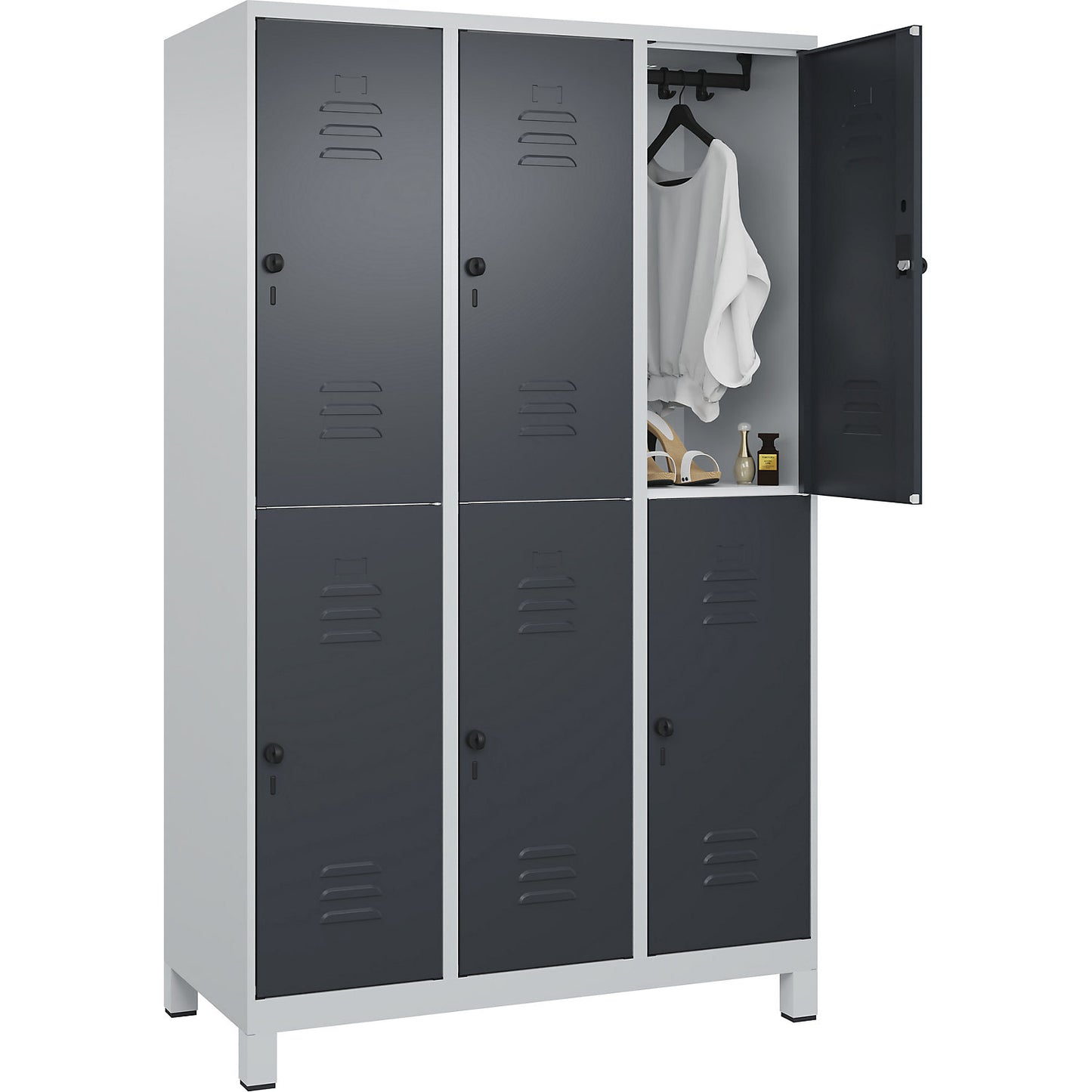 Classic PLUS double deck clothes locker, 3 compartments, light grey/grey, HxW 1950 x 1200 mm, with feet, rotary bolt.