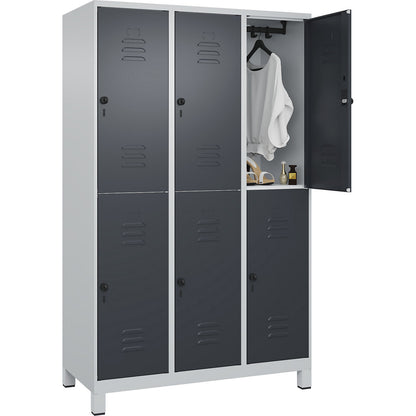 Classic PLUS double deck clothes locker, 3 compartments, light grey/grey, HxW 1950 x 1200 mm, with feet, rotary bolt.