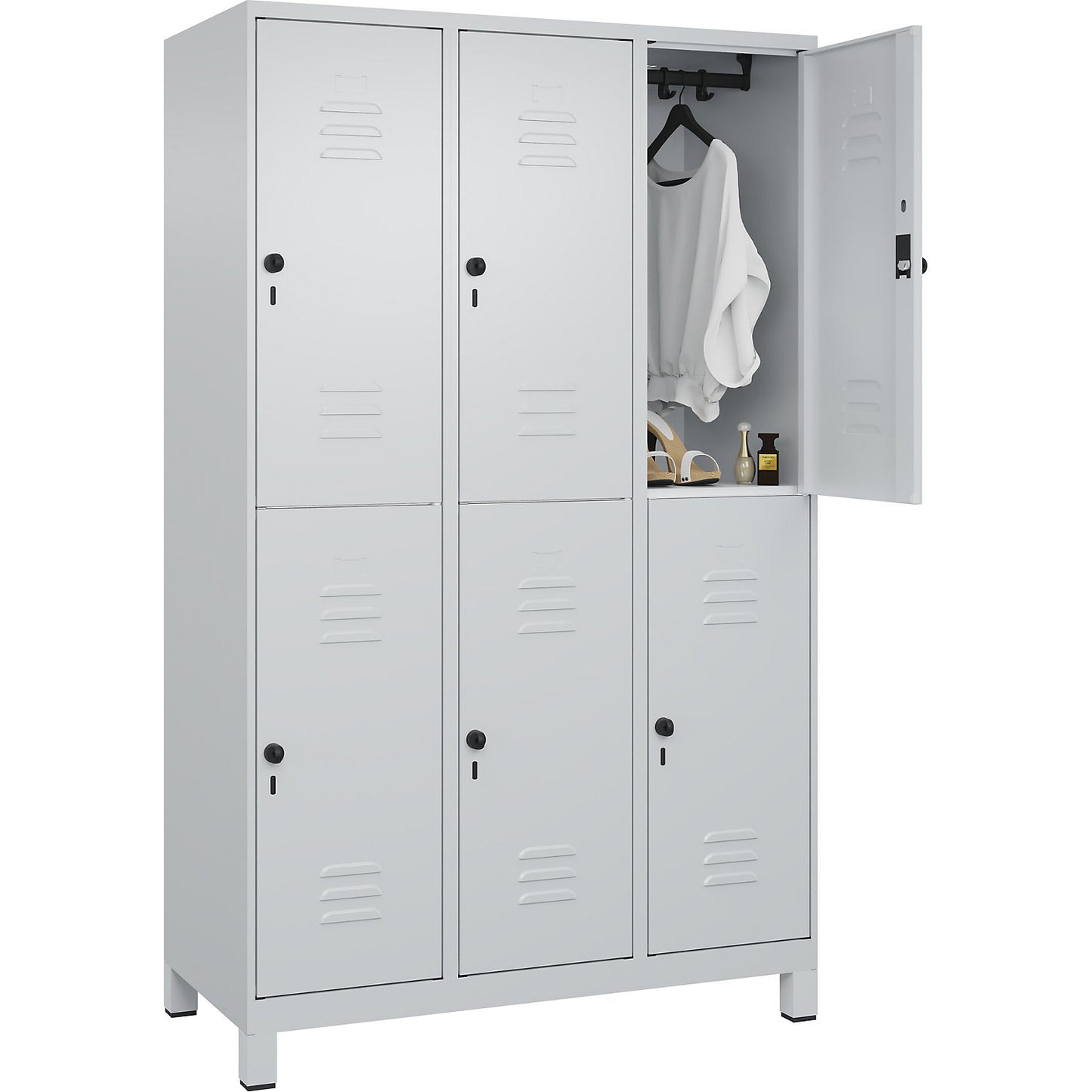 Classic PLUS double deck clothes locker, 3 compartments, light grey, HxW 1950 x 1200 mm, with feet, rotary bolt.