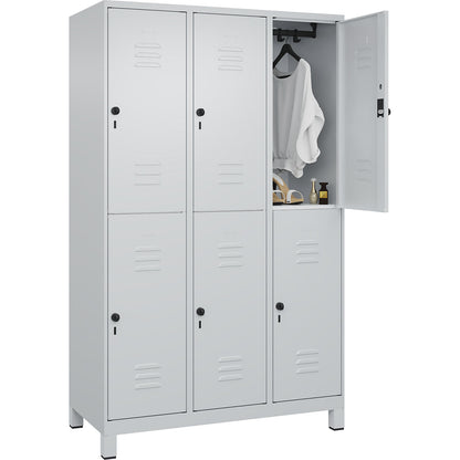 Classic PLUS double deck clothes locker, 3 compartments, light grey, HxW 1950 x 1200 mm, with feet, rotary bolt.