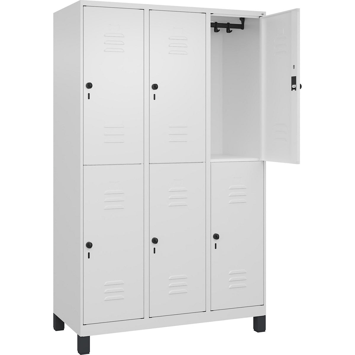 Classic PLUS double deck clothes locker, 3 compartments, traffic white, HxW 1950 x 1200 mm, with feet, rotary bolt.