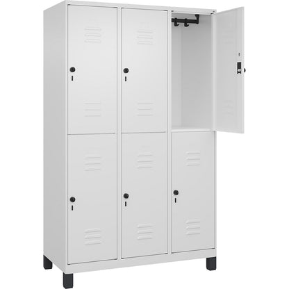 Classic PLUS double deck clothes locker, 3 compartments, traffic white, HxW 1950 x 1200 mm, with feet, rotary bolt.