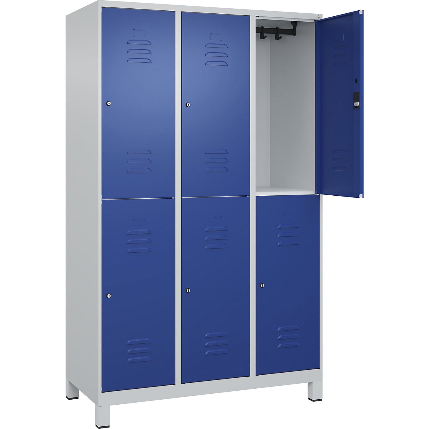 Classic PLUS double deck clothes locker, 3 compartments, light grey/gentian blue, HxW 1950 x 1200 mm, with feet, cylinder lock.