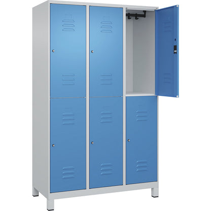 Classic PLUS double deck clothes locker, 3 compartments, light grey/light blue, HxW 1950 x 1200 mm, with feet, cylinder lock.