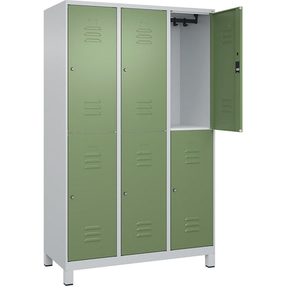 Classic PLUS double deck clothes locker, 3 compartments, light grey/reseda green, HxW 1950 x 1200 mm, with feet, cylinder lock.