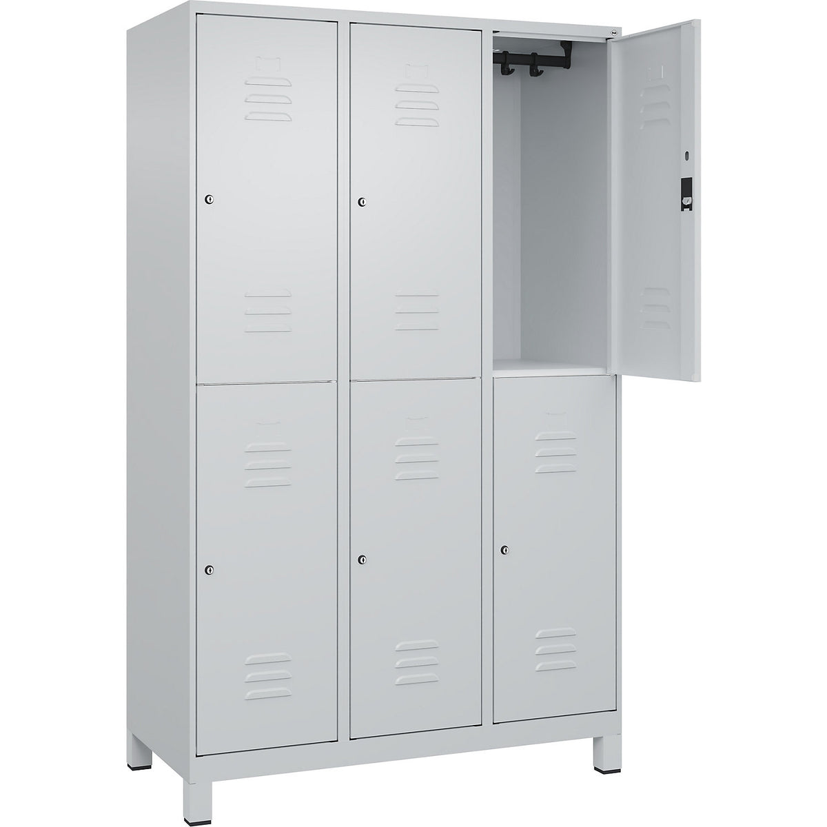 Classic PLUS double deck clothes locker, 3 compartments, light grey, HxW 1950 x 1200 mm, with feet, cylinder lock.