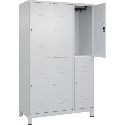 Classic PLUS double deck clothes locker, 3 compartments, light grey, HxW 1950 x 1200 mm, with feet, cylinder lock.