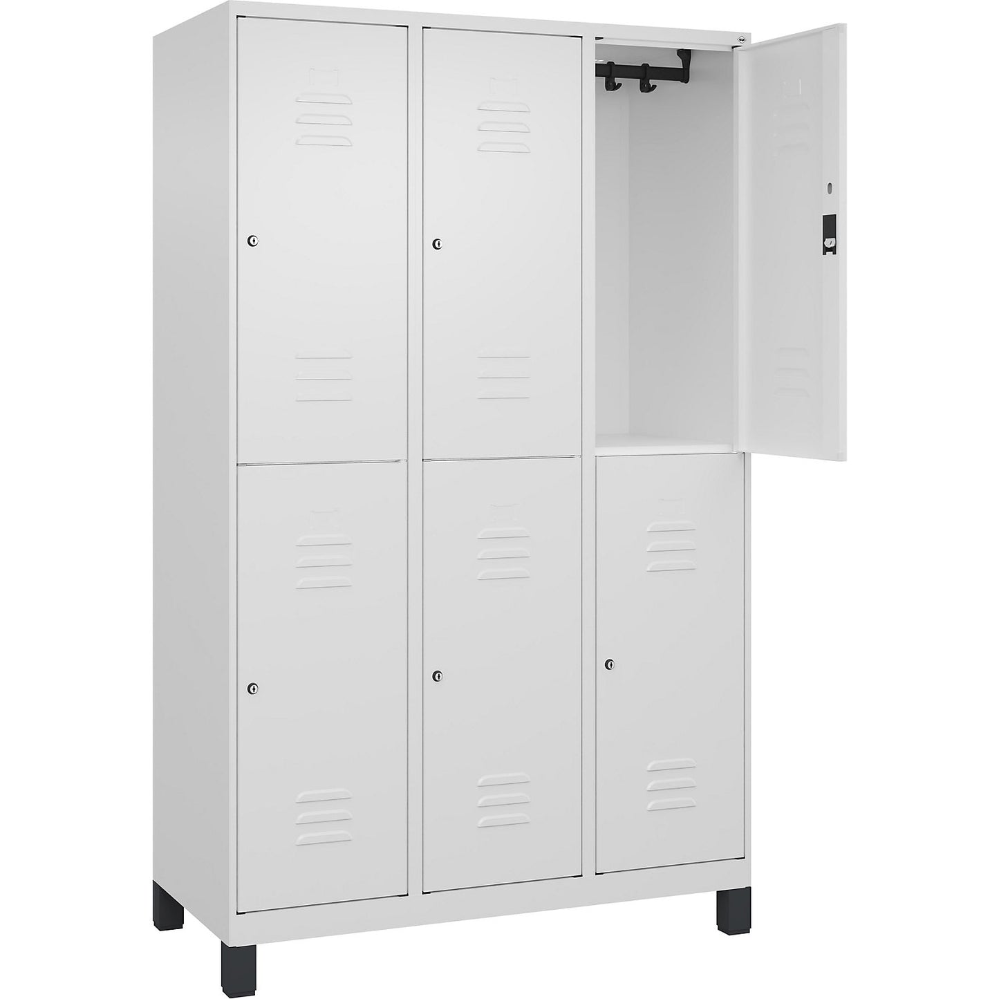 Classic PLUS double deck clothes locker, 3 compartments, traffic white, HxW 1950 x 1200 mm, with feet, cylinder lock.