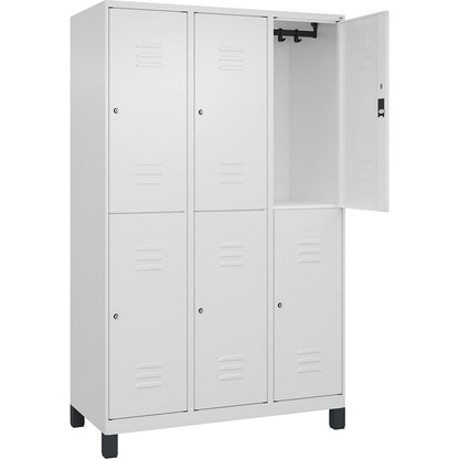 Classic PLUS double deck clothes locker, 3 compartments, traffic white, HxW 1950 x 1200 mm, with feet, cylinder lock.