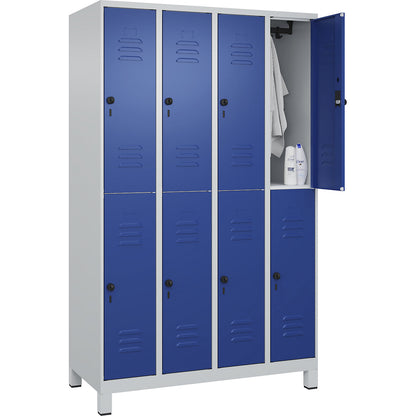 Classic PLUS double deck clothes locker, 4 compartments, light grey/gentian blue, HxW 1950 x 1200 mm, with feet, rotary bolt.