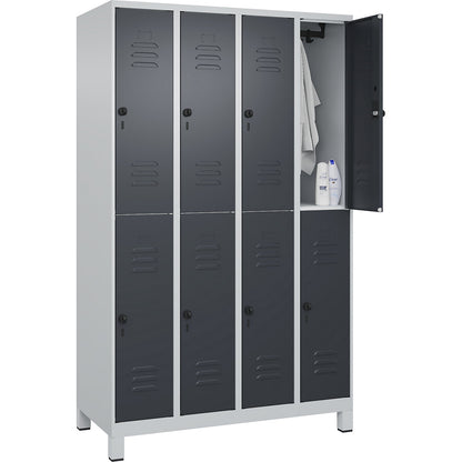 Classic PLUS double deck clothes locker, 4 compartments, light grey/grey, HxW 1950 x 1200 mm, with feet, rotary bolt.